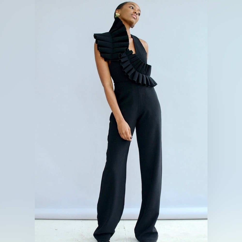 Andrea Iyamah Black Pleated Detail Halter Jumpsuit